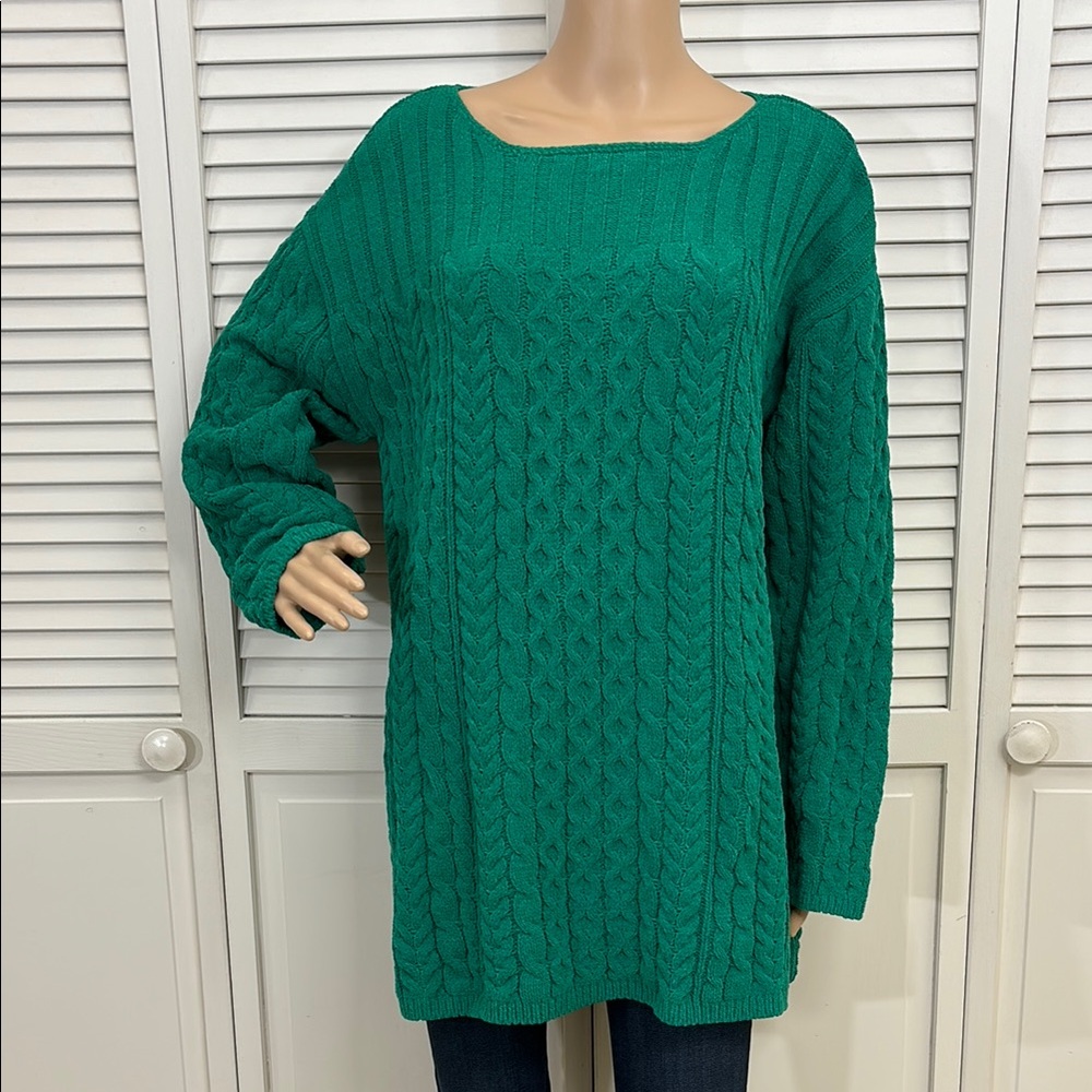 NWT J. Jill Green Cable Knit Chenille Long Sleeves Sweater Emerald Green XL